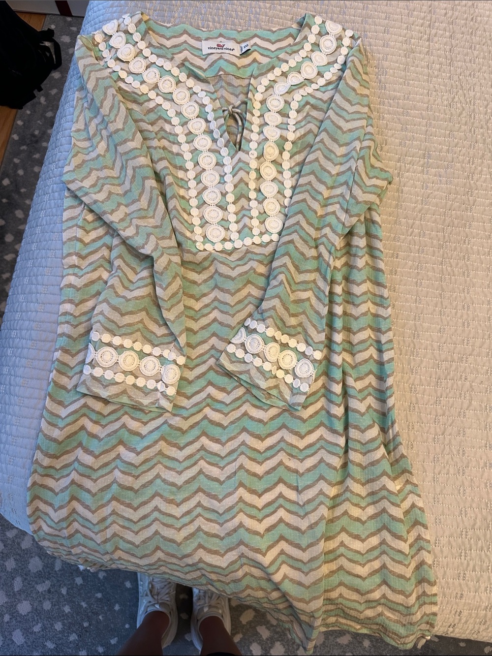 Vineyard Vines Mint, Tan & White Chevron Tunic with Embroidered Trim